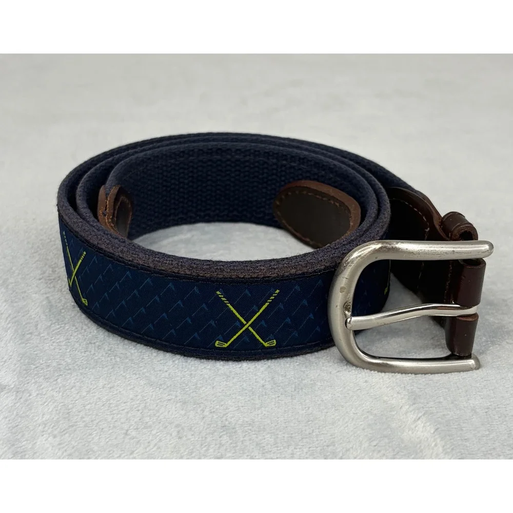 Belted Cow Co Mens Golf Belt Cross Clubs Navy Blue Leather Canvas Size 40 Preppy